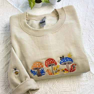 Mushroom And Wildflowers Embroidered Sweatshirt, Fall Sweater, Cute Thanksgiving Shirt, Autumn Leaves Sweater, Camping Shirt Gift For Friend